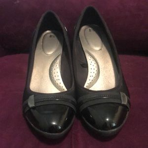 Black patent platform heels